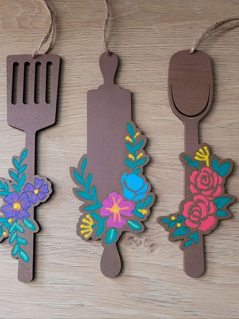Wooden Kitchen Utensil Wall Hangers with Hand-Painted Floral Accents
